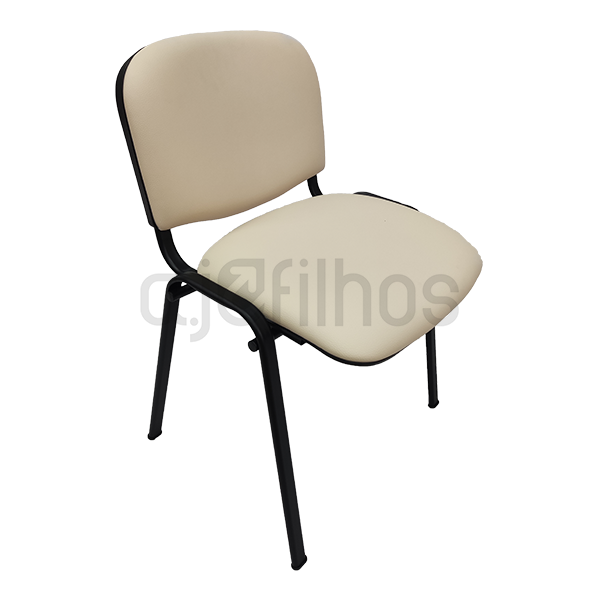 Cadeira fixa de 4 pernas, estrutura em tubo de aço pintado a preto, assento e costa em napa branca