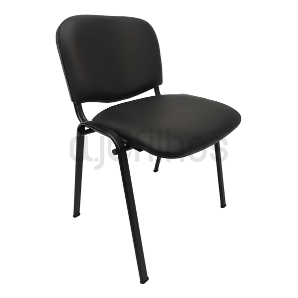 Cadeira fixa de 4 pernas, estrutura em tubo de aço pintado a preto, assento e costa em napa azul