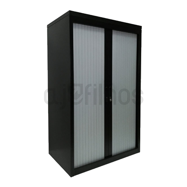 Armário Porta Persiana, estrutura metálica preta e persiana plástica cinza