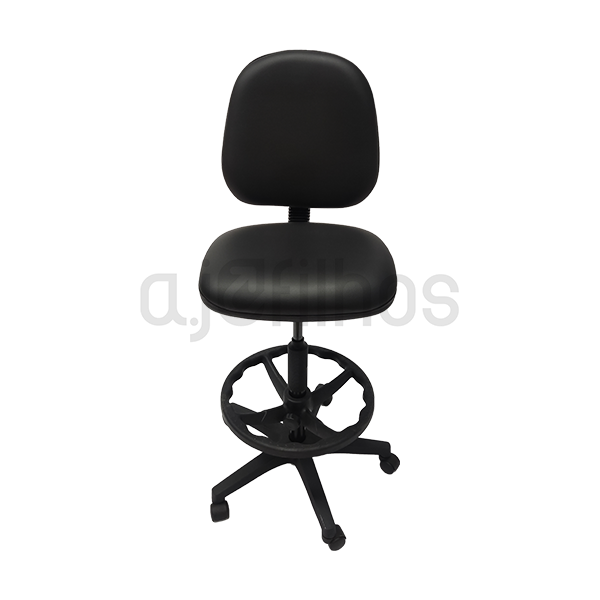 Cadeira Estirador com rodas e altura ajustável, com apoio de pés, assento e costa em pelgon cor preta