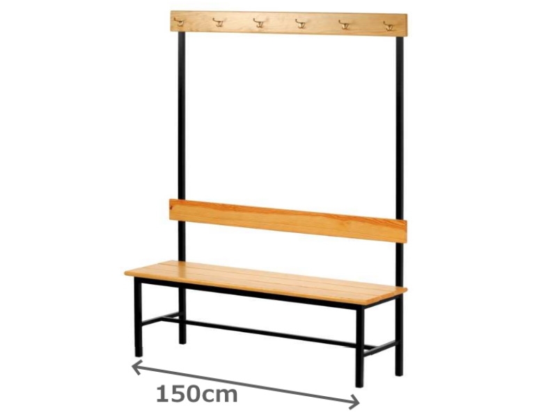 Banco de balneário com cabide com estrutura em tubo de aço e assento e costa em régua de madeira maciça