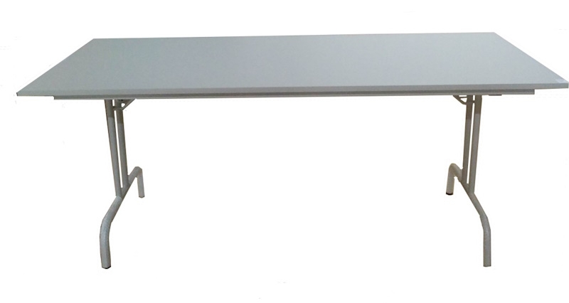 Mesa articulada com pés rebatíveis, estrutura em metal pintado a branco e tampo em melamina branca